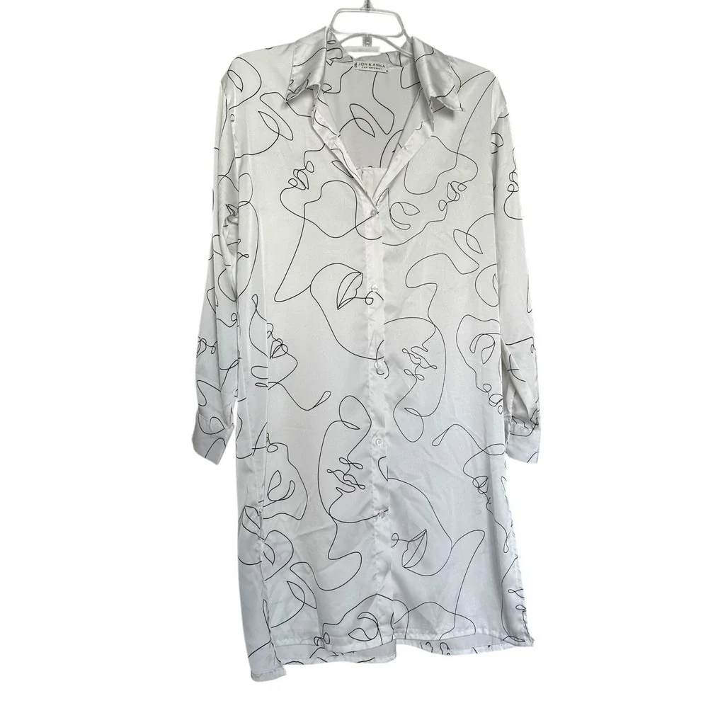 Contemporary Womens Faces Long Shirt Dress Duster Sz M White Abstract Art Deco